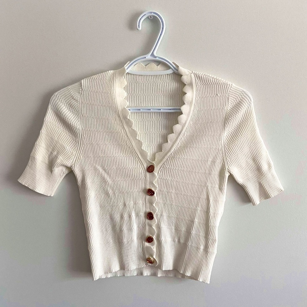 SANDRO WOOL CROP CARDIGAN GOLD BUTTONS SHORT SLEEVE CUTESY PREP ACADEMIA BRIDAL